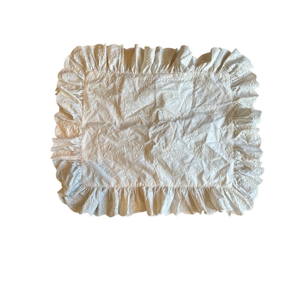 Cottage Core  White Cotton Ruffled Rectangular Pillowcase With Floral Embroidery